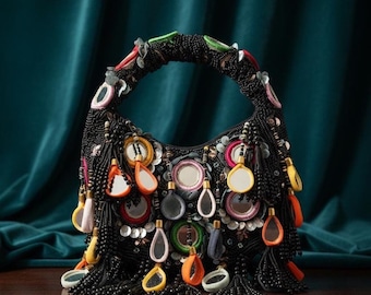 Handmade Banjara Mirror Work Bag – Embroidered Boho Beaded Tassel Purse