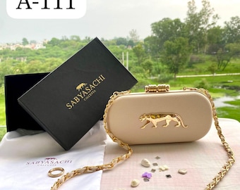 Sabyasachi Designer Box Clutch: Gold Tiger Motif, Chain Strap