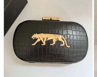 Black Croc Texture Clutch with Golden Tiger | Luxury Evening Bag | Statement Party Purse