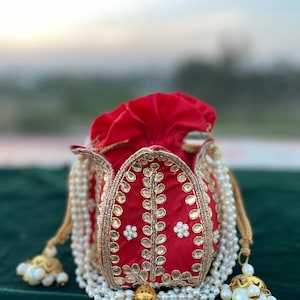 Bright Orangish Red Wedding Potli Bag | Handmade Embellished Stone and Pearl | Desi Indian Pakistani Wedding Purse | Evening Party Purse