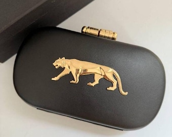 Black Panther Clutch, Gold Chain Evening Bag, Bridal Wedding Purse