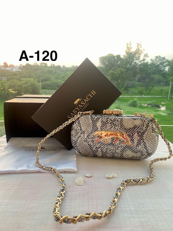 Sabyasachi Designer Box Clutch: Gold Tiger Motif Evening Purse