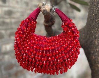 Red Velvet Beaded Bridal Bag, Crystal Drip Evening Clutch, Handmade Wedding Purse