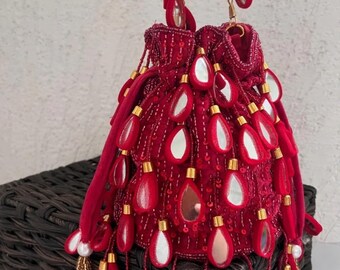 Red Beaded Potli Bag, Mirror Work Bridal Clutch, Festive Drawstring Purse