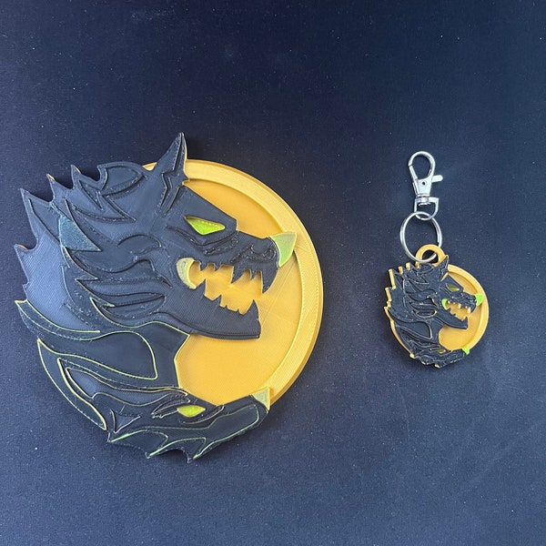 Cerberus Medallion Inspired Aspect 3D Printed Game Hero Keychain Item Collectible Token with Stand Multicolored Gold Black Accessory