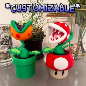 Anpassningsbar 3D-utskriven figur av piranhaväxt | Samlarobjekt med videospelskaraktär | Flera huvudfärger och stjälkalternativ | Skrivbordsdisplay för gamers