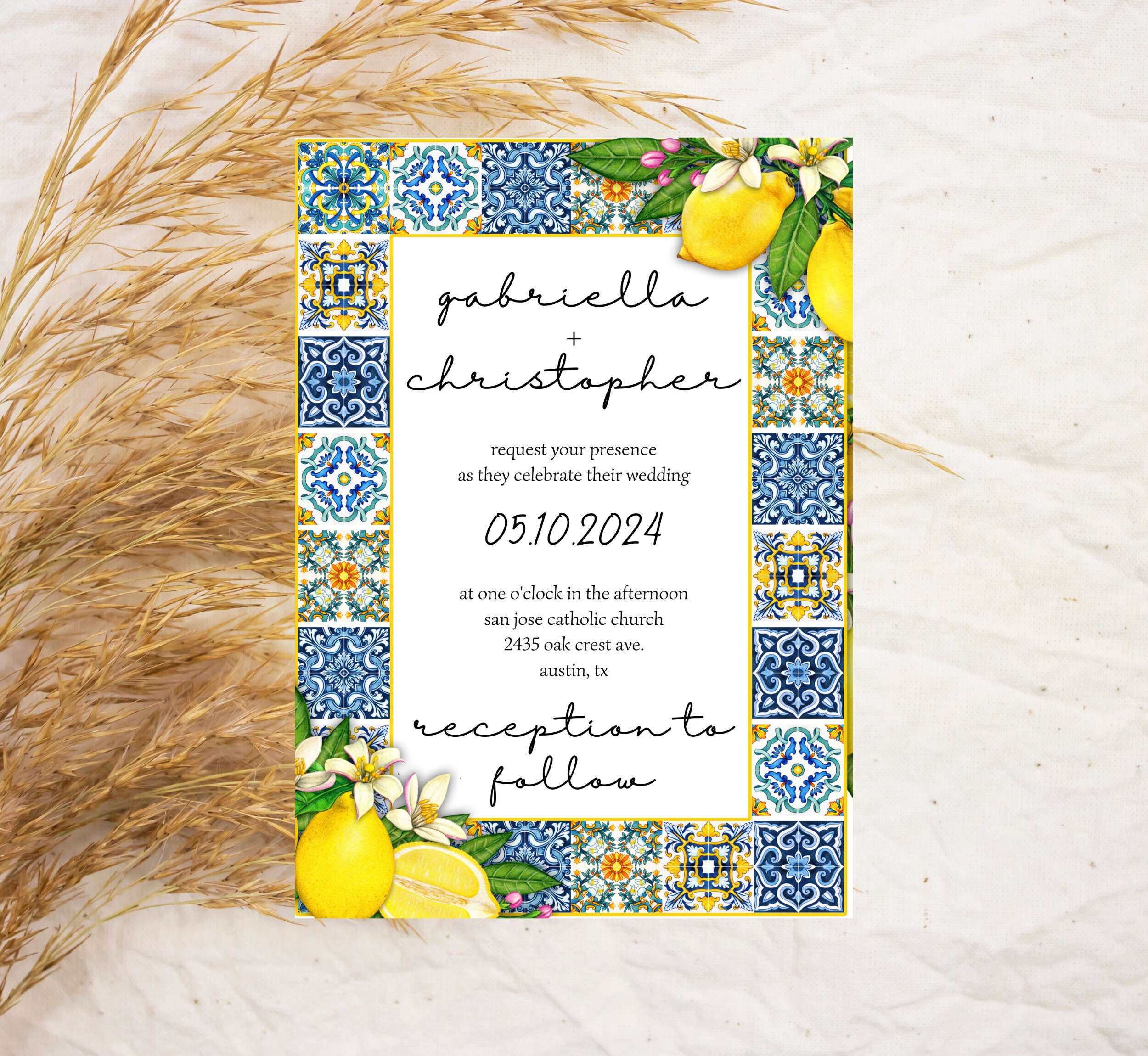 Italian Wedding Invitation Template, Editable Wedding Invitation, Lemon