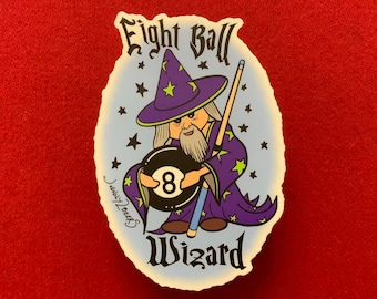 Eight Ball Wizard Sticker: Cute Old Wizard, Magical Billiards Skills, Cue Stick Staff