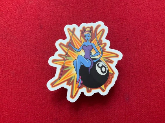 Cue-Centric Temptress: Pool Pinup Sticker - Seductive Blue Devil, Cue in Hand!