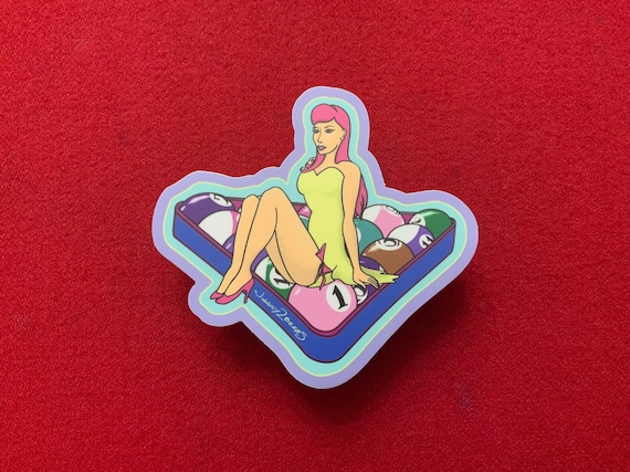 Pastel Pool Princess Sticker: Playful 8-Ball Pinup, Yellow Dress, Pink Hair!