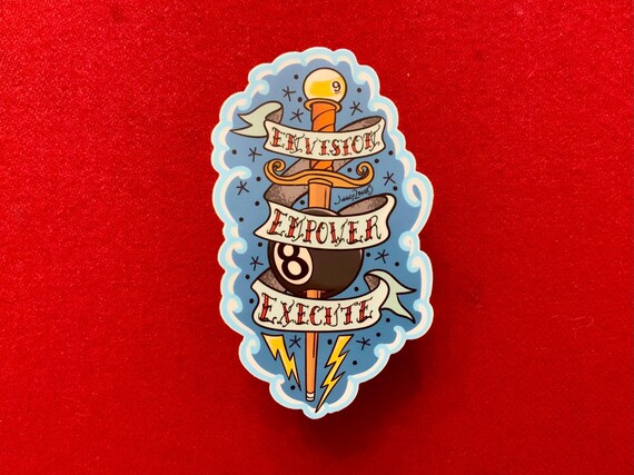 Tattoo-Style Dagger & 8 Ball Pool Sticker – Envision, Empower, Execute