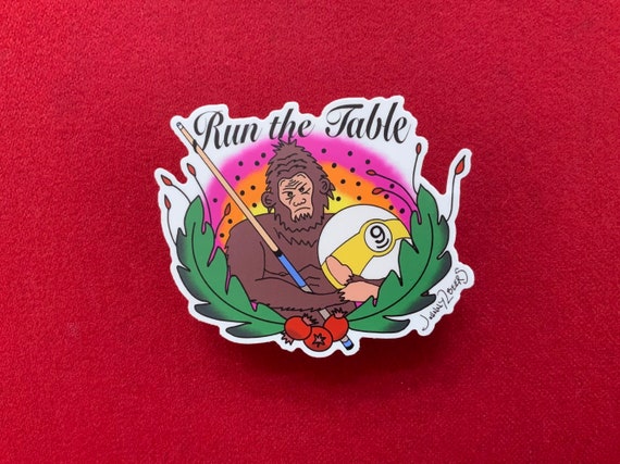 Sasquatch Run the Table Sticker: Grumpy Nine Ball Champion, Cue Stick Pose