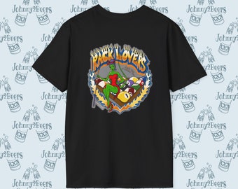 Rack Lovers Flaming Crest T-Shirt: Sexy She Devil Pool Cue Design - Graffiti Style, Pinup Pose, Billiards Fun