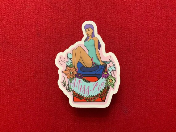 Miss Cue: Pool Chalk Pinup Sticker - Playful Poolside Charm, Light Blue Dress!