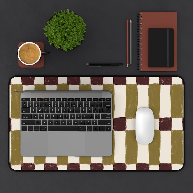 Hand-painted Checkerboard Desk Mat | Olive and Burgundy Grid Pattern - Etsy