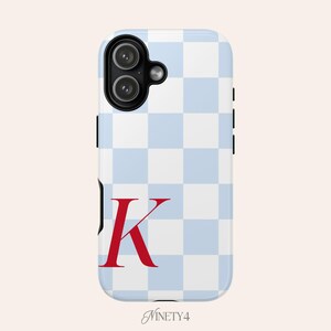 Custom Red Script K Monogram Phone Case | Blue Checker Pattern Tough Case