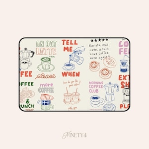 May include: A rectangular illustration with coffee-themed drawings and text. The design includes coffee cups, a coffee maker, and the words "An Oat Latte," "Tell Me," and "Coffee." The color palette is primarily brown, red, and blue.