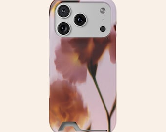 Funda para teléfono con tarjetero y diseño floral de flores rosas borrosas