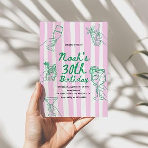 Editable Birthday Party Invitation Hand Drawn Scribble Cocktail Invitation, 21st, 30th, 40th, 50th, Birthday Invite Printable Canva Template