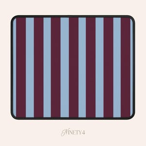 May include: Rectangular mousepad with a striped pattern of burgundy and light blue vertical lines. The mousepad has a black border and the text "Ninety4" in the bottom right corner.