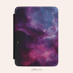 May include: A tablet case featuring a vibrant nebula design in shades of purple, pink, and blue. The case has a black spine and the text "Ninety4" in a script font at the bottom. The design evokes a sense of cosmic wonder.
