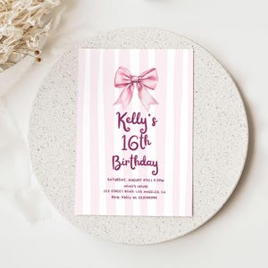 Pink Bow Theme Birthday Invite Pink Bow Birthday Bow Invite Coquette Bow Birthday Girl Birthday Invite Coquette Birthday Invitation Cute