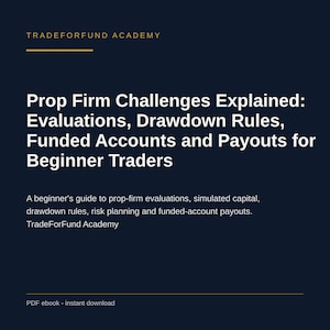 May include: A dark blue digital document cover titled Prop Firm Challenges Explained: Evaluations, Drawdown Rules, Funded Accounts and Payouts for Beginner Traders. It includes a subtitle about simulated capital and risk planning by TradeForFund Academy.