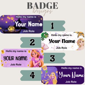 May include: Four name badge designs with cartoon characters and the text "Hello my name is", "Your Name", and "Job Role". The badges are in various colors, including purple, blue, and white.