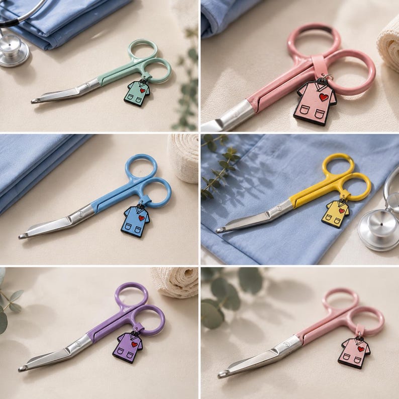 Puede incluir: Una colecci&oacute;n de seis tijeras m&eacute;dicas con mangos de colores en menta, rosa, azul, amarillo, morado y rosa claro. Cada par de tijeras incluye un peque&ntilde;o dije a juego con forma de uniforme m&eacute;dico con un detalle de coraz&oacute;n rojo.