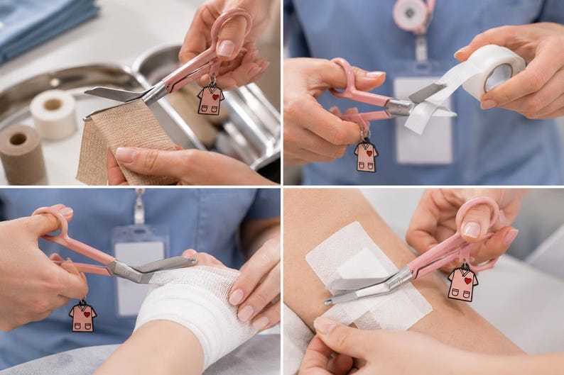 Puede incluir: Un par de tijeras m&eacute;dicas de color rosa claro con un peque&ntilde;o dije colgante en forma de casaca m&eacute;dica con un detalle de coraz&oacute;n rojo. Las hojas de acero inoxidable est&aacute;n anguladas para cortar vendas, gasas y cinta m&eacute;dica en entornos cl&iacute;nicos.