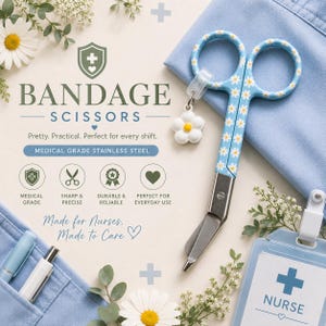 Forbici per bende Blue Daisy / Forbici da infermiere con ciondolo a forma di margherita / Forbici mediche / Forbici per paramedici / Forbici per traumi / Regalo per infermieri del Servizio Sanitario Nazionale (NHS) / Primo soccorso