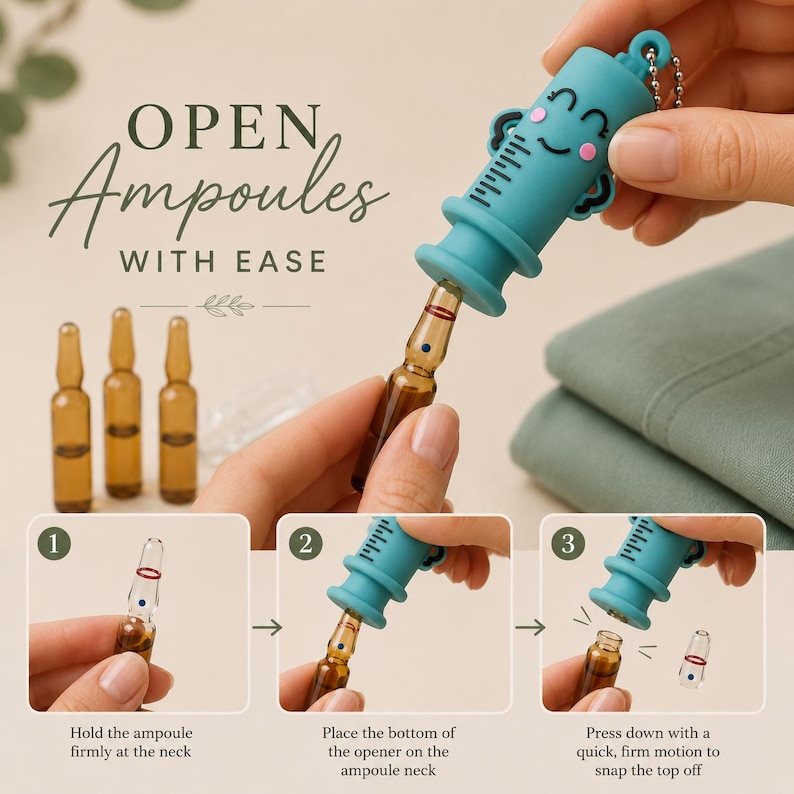 May include: A teal silicone ampoule opener shaped like a syringe with a smiling face, featuring a metal chain. The text reads OPEN Ampoules WITH EASE. Three instructional panels demonstrate placing the opener on an amber glass ampoule neck.
