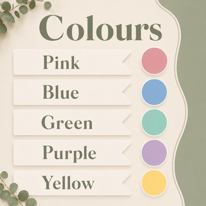 Puede incluir: Una tabla de colores con la palabra Colours en texto verde oscuro en la parte superior. Debajo hay cinco pesta&ntilde;as rectangulares horizontales con las palabras Pink, Blue, Green, Purple y Yellow, cada una alineada con una muestra de color circular a la derecha.