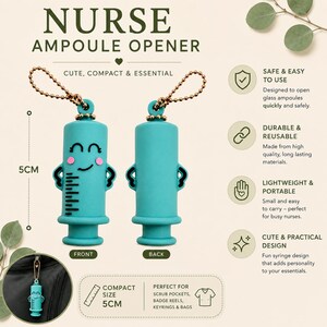 May include: A teal syringe-shaped ampoule opener with a smiling face, pink cheeks, and black markings. It features a gold-toned ball chain for attachment. The opener measures 5 cm in height and is shown from both the front and back perspectives.