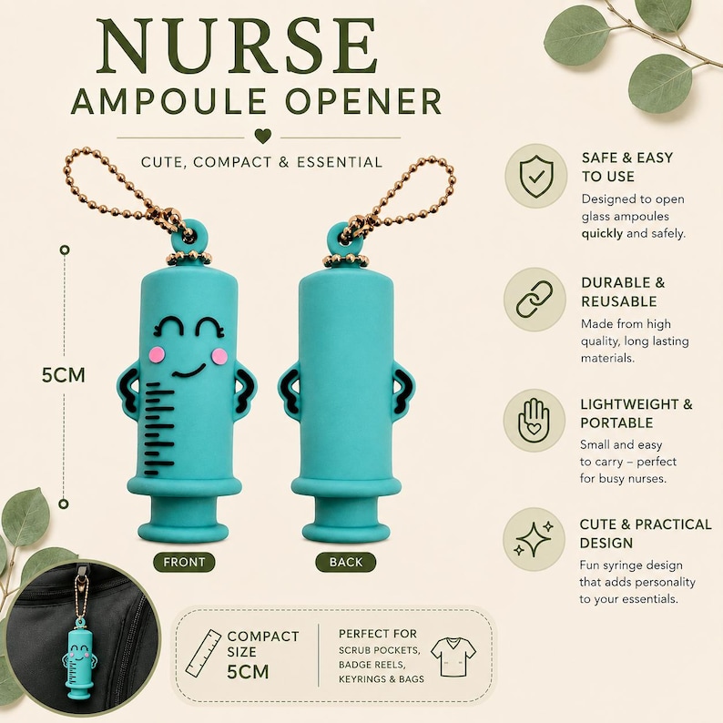 May include: A teal syringe-shaped ampoule opener with a smiling face, pink cheeks, and black markings. It features a gold-toned ball chain for attachment. The opener measures 5 cm in height and is shown from both the front and back perspectives.