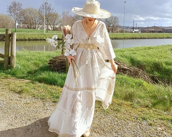 Robe blanche pour mariage, robe Maxi boho pour femme, robe Maxi blanche pour l’été, robe hippie boho, robe maxi boho.