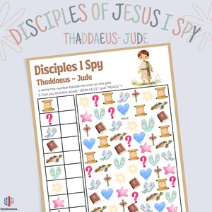 Peut inclure: Une feuille d'activité pour enfants intitulée "Disciples I Spy: Thaddaeus - Jude". La feuille présente une grille avec diverses illustrations à l'aquarelle, notamment des points d'interrogation, des colombes, des cœurs et des croix. Le texte comprend des instructions et les mots "PEACE" et "JOHN 14:22."