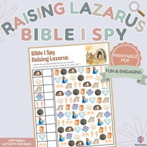 Peut inclure: Une activité PDF imprimable "Bible I Spy" pour enfants, avec le texte "Raising Lazarus" et "Bible I Spy". Le jeu comprend une grille avec diverses icônes et les instructions pour trouver les mots "JOHN 11:43" et "LIFE".