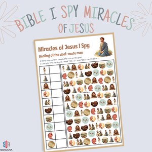 Może przedstawiać: Wydrukowana karta aktywności zatytułowana "Bible I Spy Miracles of Jesus" z tekstem "Miracles of Jesus I Spy" i "Healing of the deaf-mute man". Karta zawiera ilustracje i siatkę do gry w "I Spy".