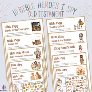 May include: A set of ten printable Bible I Spy games featuring Old Testament heroes. Each game card has a title, image, and instructions to find hidden words. The games include Daniel, Noah, Moses, Joshua, Adam & Eve, David, Jonah, Joseph, and Abraham.