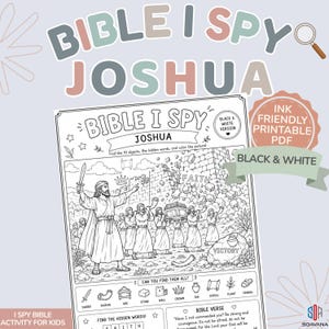 Può includere: Foglio di attività PDF stampabile in bianco e nero intitolato "Bible I Spy Joshua". L'illustrazione raffigura una scena biblica con figure, una spada e le parole "Fede" e "Vittoria". Include una versione "Bianco e Nero" e un'etichetta "PDF stampabile a inchiostro".