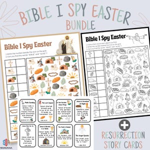 Easter Bible I Spy Activity Bundle for Kids + Resurrection Story Cards Bible I Spy Printable | Christian Sunday School | Bible Learning Game