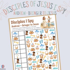 Peut inclure: Une feuille d'activité imprimée intitulée "Disciples I Spy" sur le thème "Andrew - Bringer to Jesus". La feuille présente une grille avec diverses illustrations, notamment des poissons, du pain, des paniers et des bateaux. Le texte comprend "JOHN 1:41-42" et "BRING".