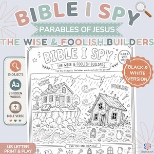 Wise & Foolish Builders Bible I Spy Coloring Page | Matthew 7 Bible Activity | Black and White Sunday School Homeschool PDF