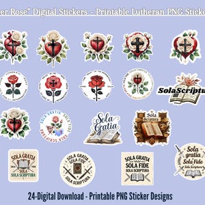 Könnte beinhalten: Eine Sammlung von 24 digitalen Aufklebern mit verschiedenen Designs, darunter Rosen, Herzen mit Kreuzen, offene Bücher und Text. Die Aufkleber haben einen Aquarellstil mit roten, weißen und grünen Akzenten. Der Text enthält "Luther Rose", "Sola Scriptura" und "Sola Gratia".