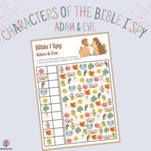 Könnte beinhalten: Ein druckbares "Bibel Ich sehe was"-Spiel mit Adam und Eva. Das Spiel enthält ein Raster mit verschiedenen Illustrationen und fordert die Spieler auf, bestimmte Wörter und Symbole zu finden. Der Titel "Characters of the Bible I Spy" wird oben angezeigt.