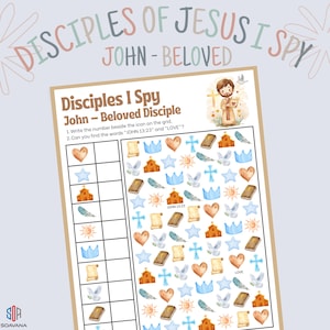 Peut inclure: Une feuille de jeu imprimable "Disciples I Spy" avec le texte "Disciples of Jesus I Spy" et "John - Beloved". Le jeu comprend une grille avec diverses illustrations à l'aquarelle de cœurs, d'étoiles, d'églises et de colombes. Le texte "John 13:23" et "LOVE" sont également visibles.