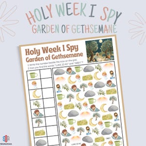 Peut inclure: Une feuille de jeu imprimable "Holy Week I Spy" avec le texte "Garden of Gethsemane". Le jeu présente une grille avec diverses illustrations, dont des anges, des lunes, des arbres et des tasses. Les instructions demandent de trouver les mots "LUKE 22:42" et "OBEY".
