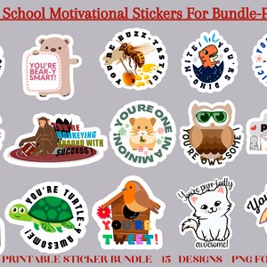 15 Kids Stickers Printable, Motivational  Messages for School,  Kids Digital Stickers Bundle, Featuring Cute Cartoons and Inspirational Text