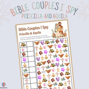 Pode incluir: Um jogo imprimível "Bible Couples I Spy" com Priscila e Áquila. O jogo inclui uma grade com vários ícones como tendas, corações e livros. O título e as instruções estão em estilo manuscrito, com uma ilustração de um casal.